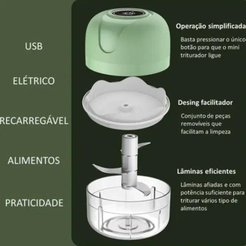 Mini Processador Elétrico de Alimentos Portátil c/ 3 lâminas de Aço Inox USB 250 ml Bivolt